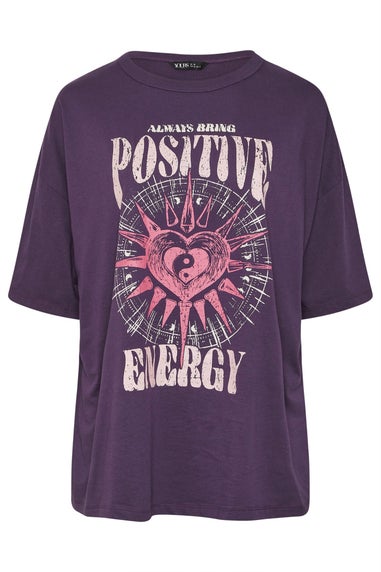 Yours Curve Purple Acid Wash 'Positive Energy' Oversized T-Shirt