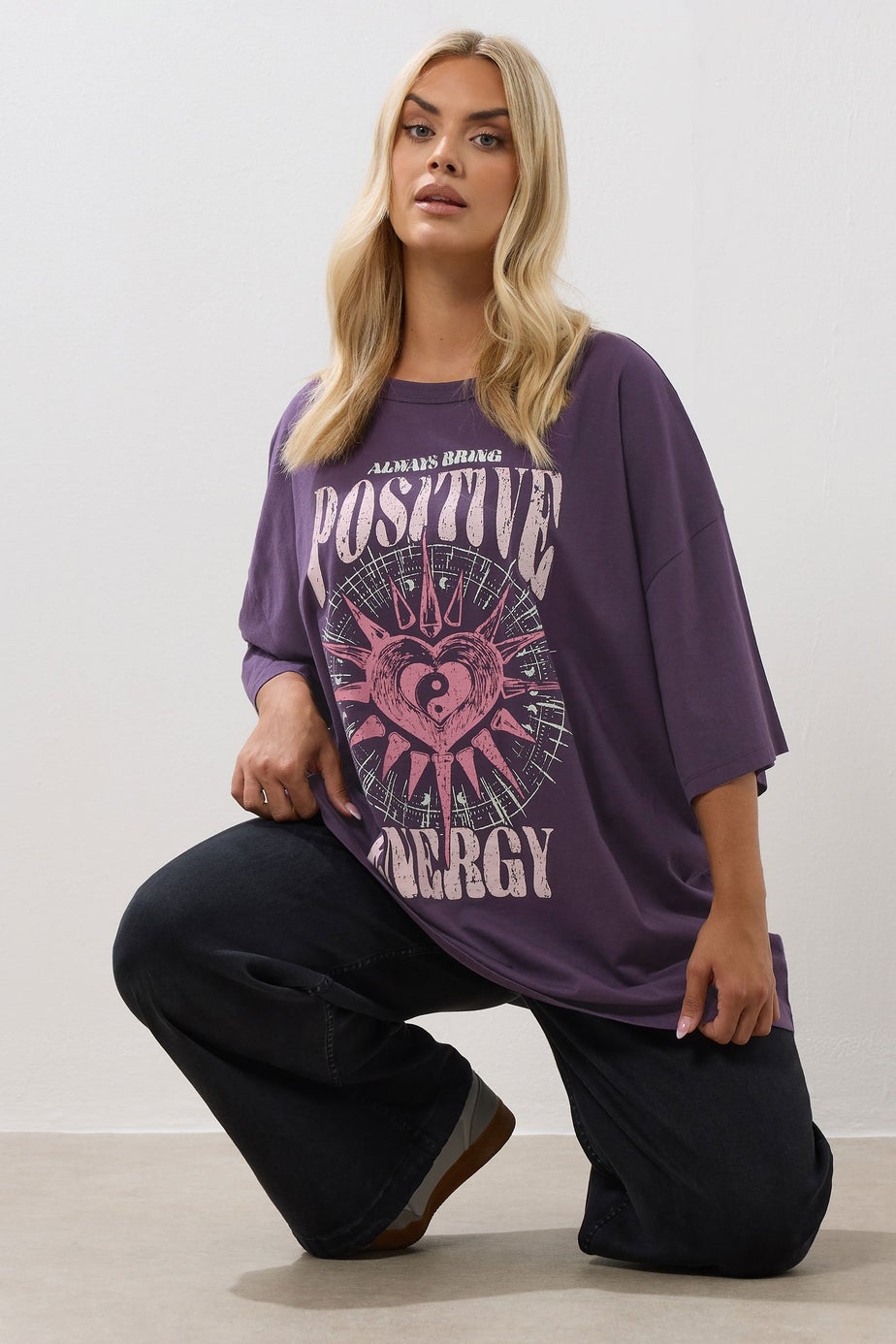 Yours Curve Purple Acid Wash 'Positive Energy' Oversized T-Shirt