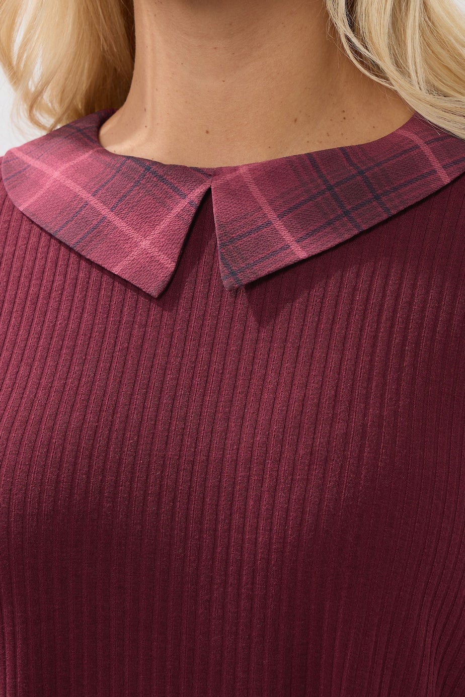 Yours Curve Red Check Collar Ribbed Top