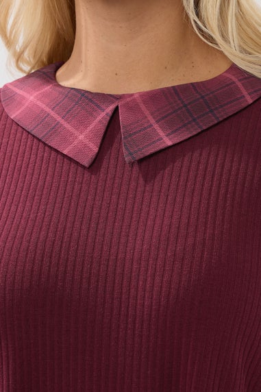 Yours Curve Red Check Collar Ribbed Top