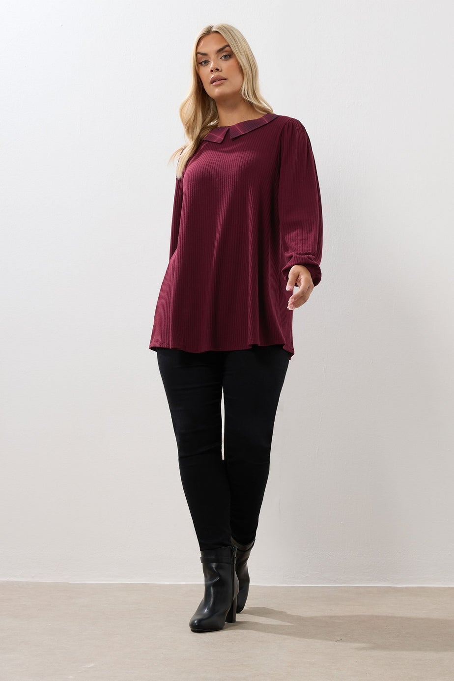 Yours Curve Red Check Collar Ribbed Top