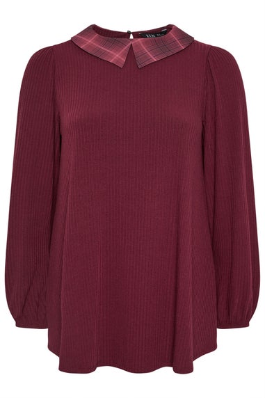 Yours Curve Red Check Collar Ribbed Top