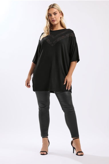 Yours Curve Black Chevron Lace Insert T-Shirt