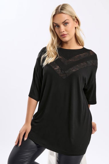 Yours Curve Black Chevron Lace Insert T-Shirt