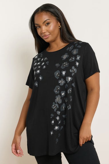 Yours Curve Black Leopard Embellished T-Shirt