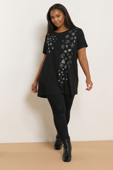 Yours Curve Black Leopard Embellished T-Shirt