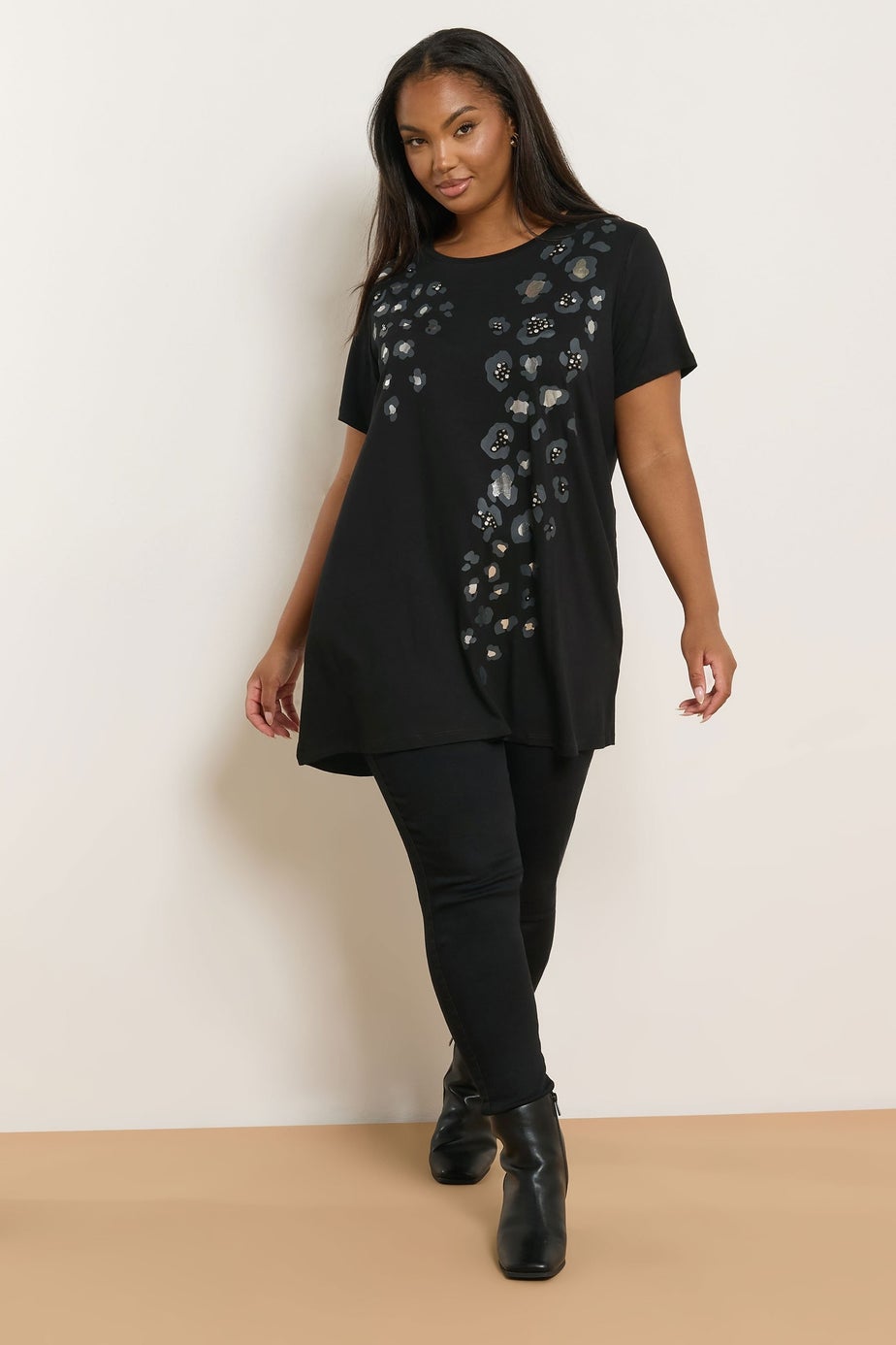 Yours Curve Black Leopard Embellished T-Shirt