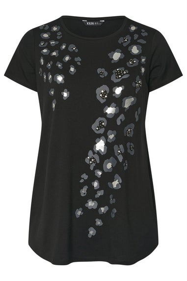 Yours Curve Black Leopard Embellished T-Shirt