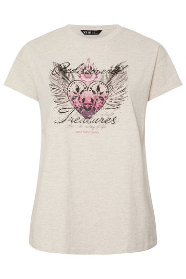 Yours Curve Natural Brown 'Rediscovered Treasures' Heart Print T-Shirt