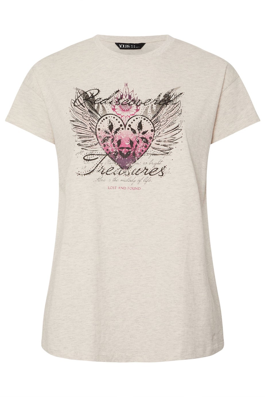 Yours Curve Natural Brown 'Rediscovered Treasures' Heart Print T-Shirt