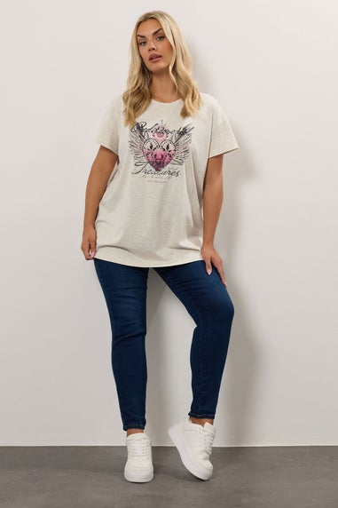 Yours Curve Natural Brown 'Rediscovered Treasures' Heart Print T-Shirt