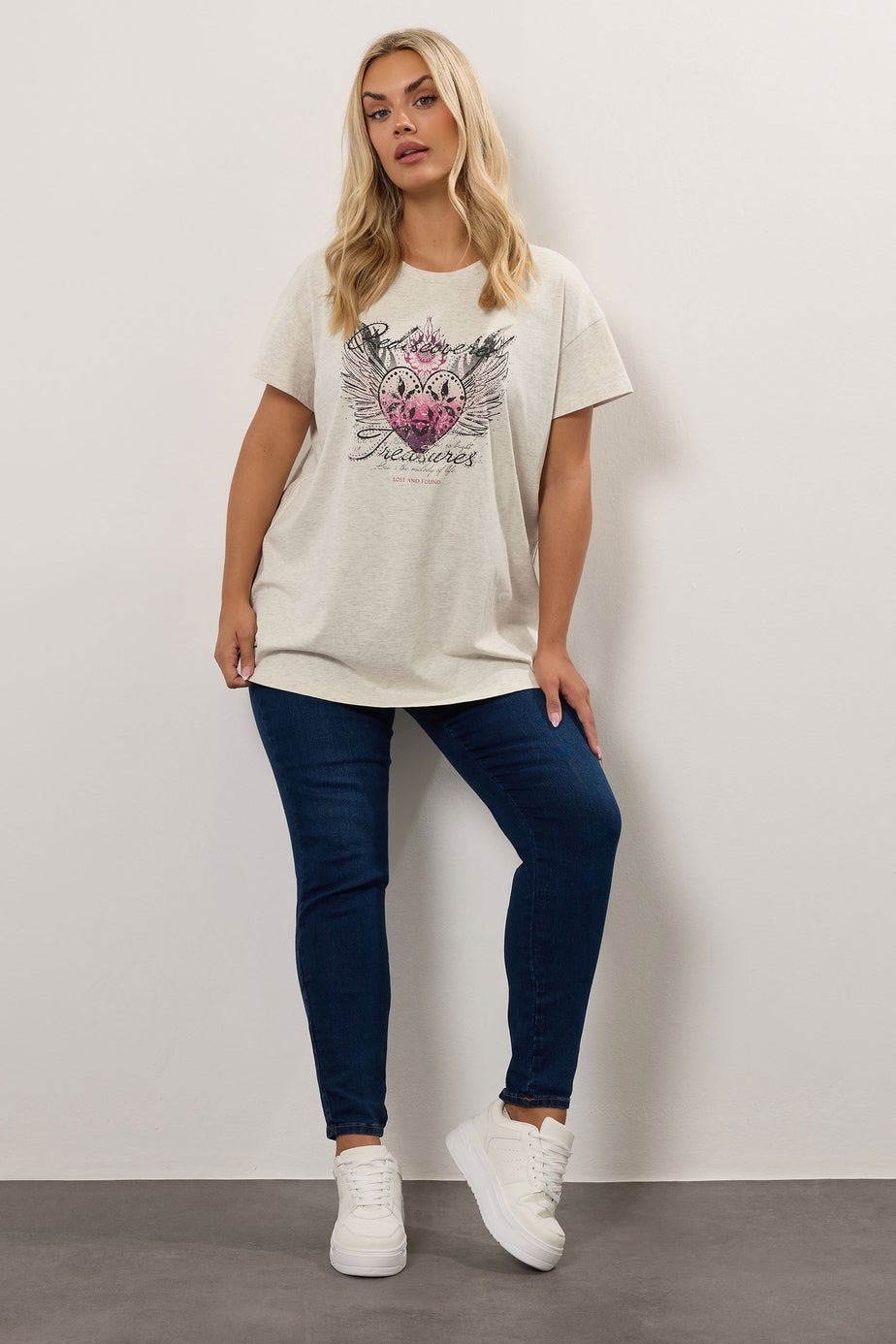 Yours Curve Natural Brown 'Rediscovered Treasures' Heart Print T-Shirt