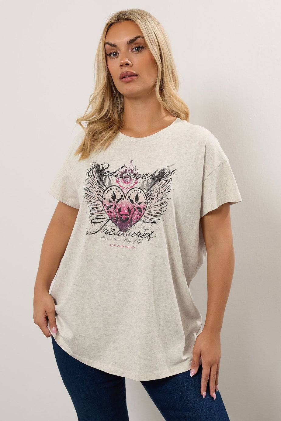 Yours Curve Natural Brown 'Rediscovered Treasures' Heart Print T-Shirt