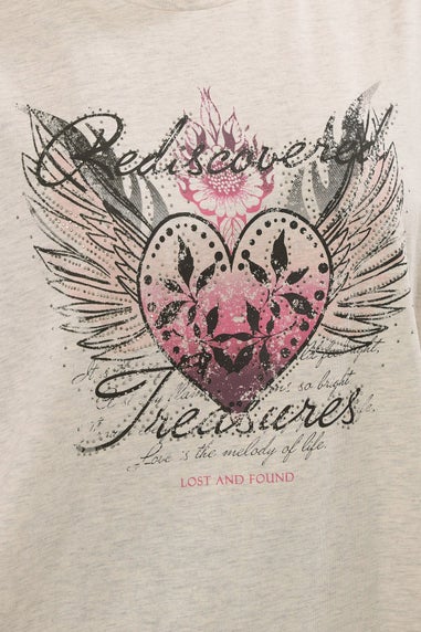 Yours Curve Natural Brown 'Rediscovered Treasures' Heart Print T-Shirt