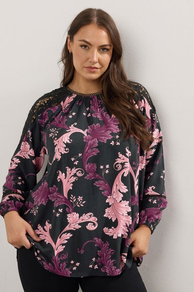 Yours Curve Black Paisley Lace Insert Blouse