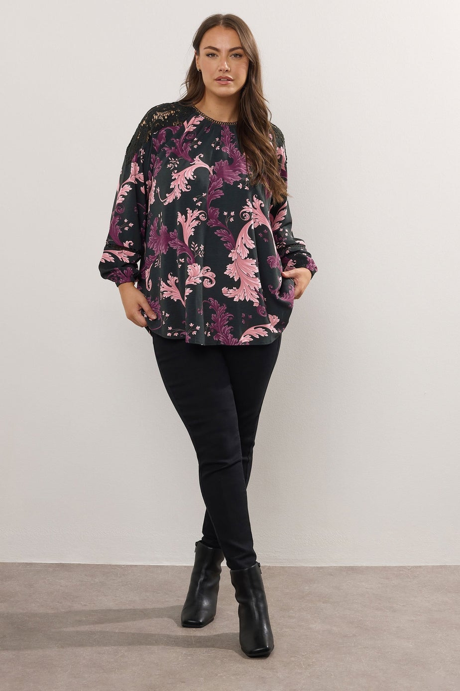 Yours Curve Black Paisley Lace Insert Blouse