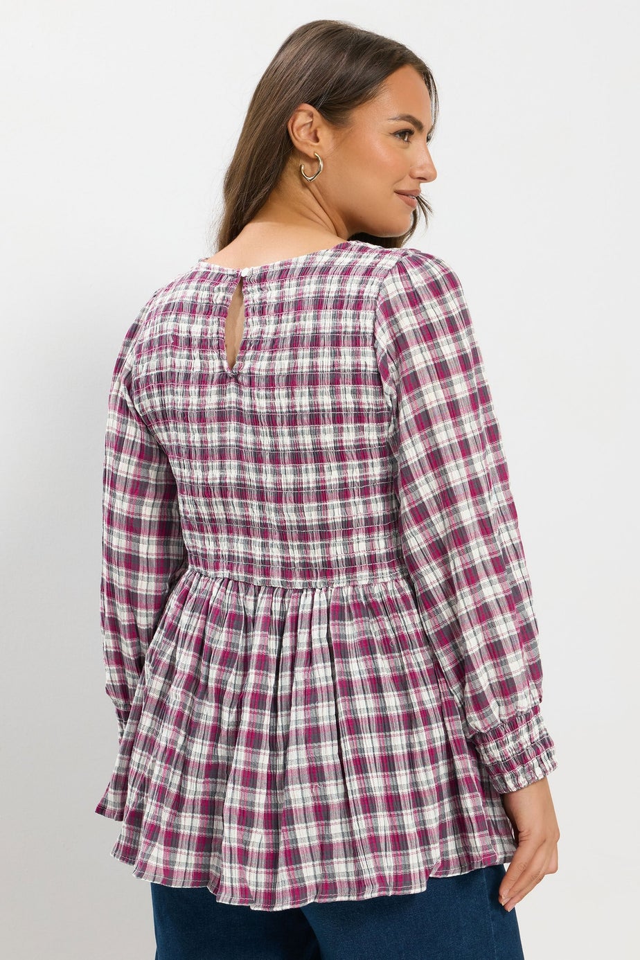 Yours Curve Pink Check Shirred Peplum Top