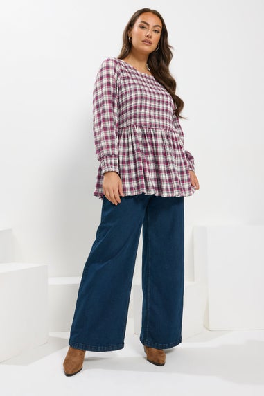 Yours Curve Pink Check Shirred Peplum Top