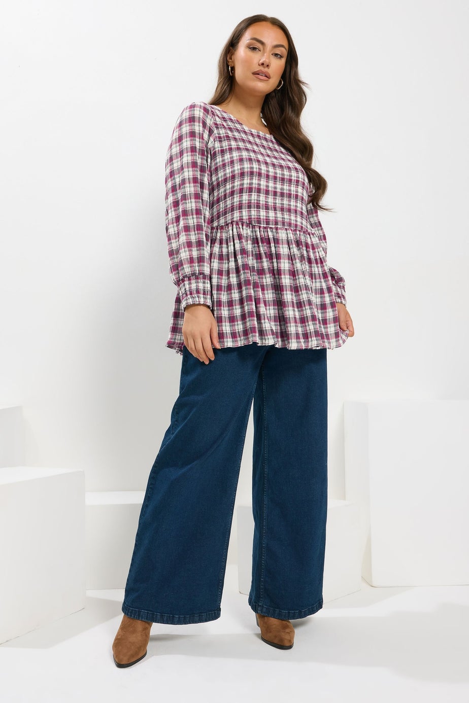 Yours Curve Pink Check Shirred Peplum Top