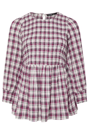 Yours Curve Pink Check Shirred Peplum Top
