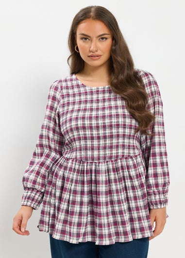 Yours Curve Pink Check Shirred Peplum Top