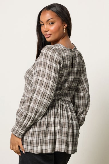 Yours Curve Natural Brown Check Shirred Peplum Top