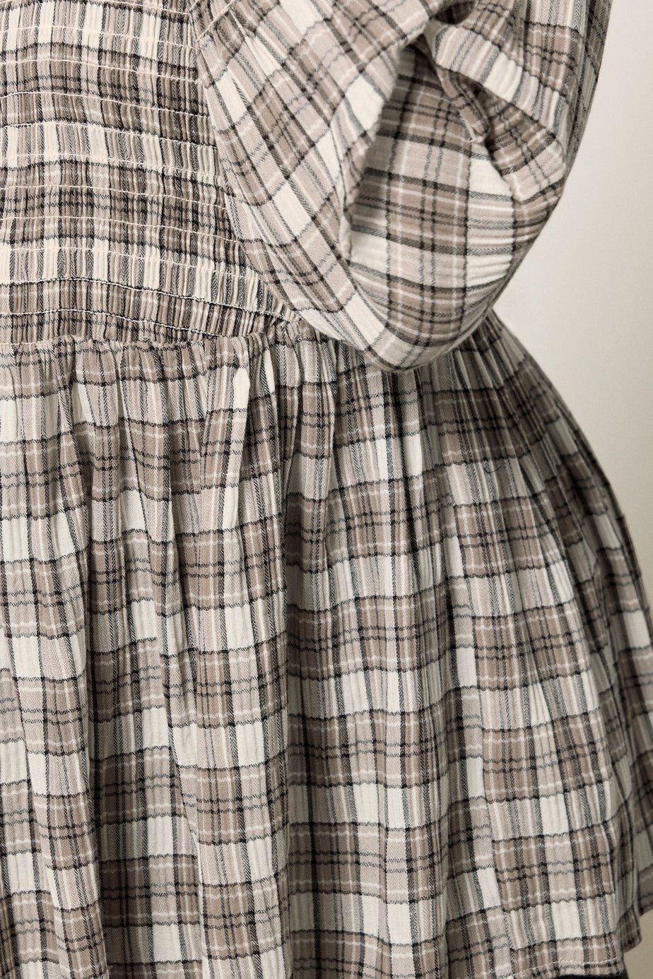 Yours Curve Natural Brown Check Shirred Peplum Top