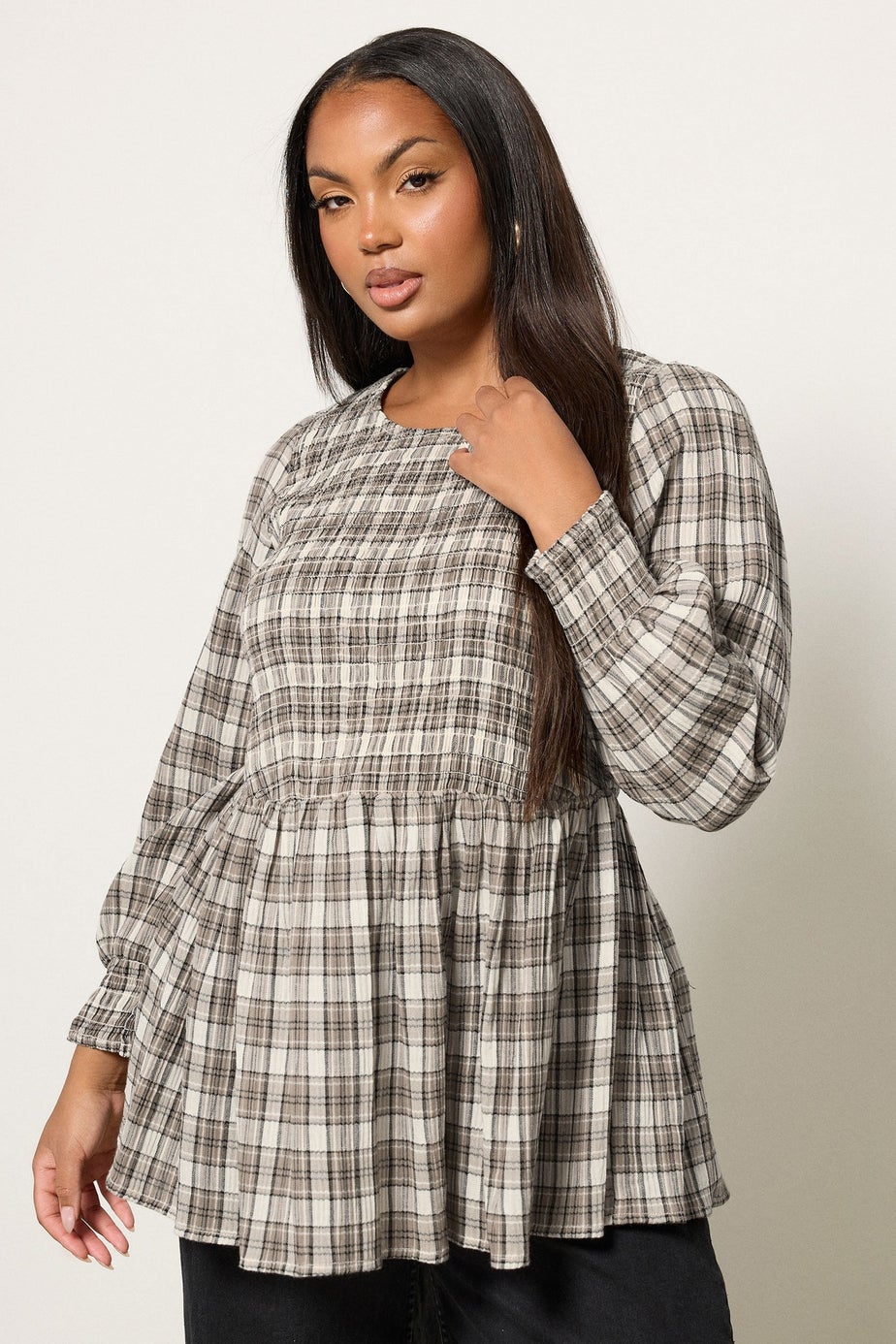 Yours Curve Natural Brown Check Shirred Peplum Top