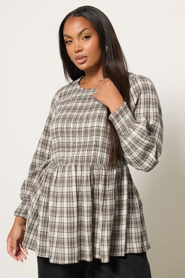 Yours Curve Natural Brown Check Shirred Peplum Top
