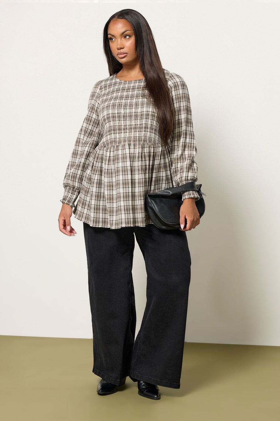 Yours Curve Natural Brown Check Shirred Peplum Top