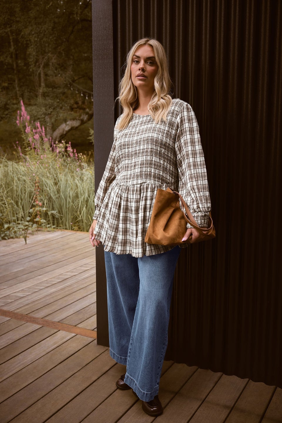 Yours Curve Natural Brown Check Shirred Peplum Top