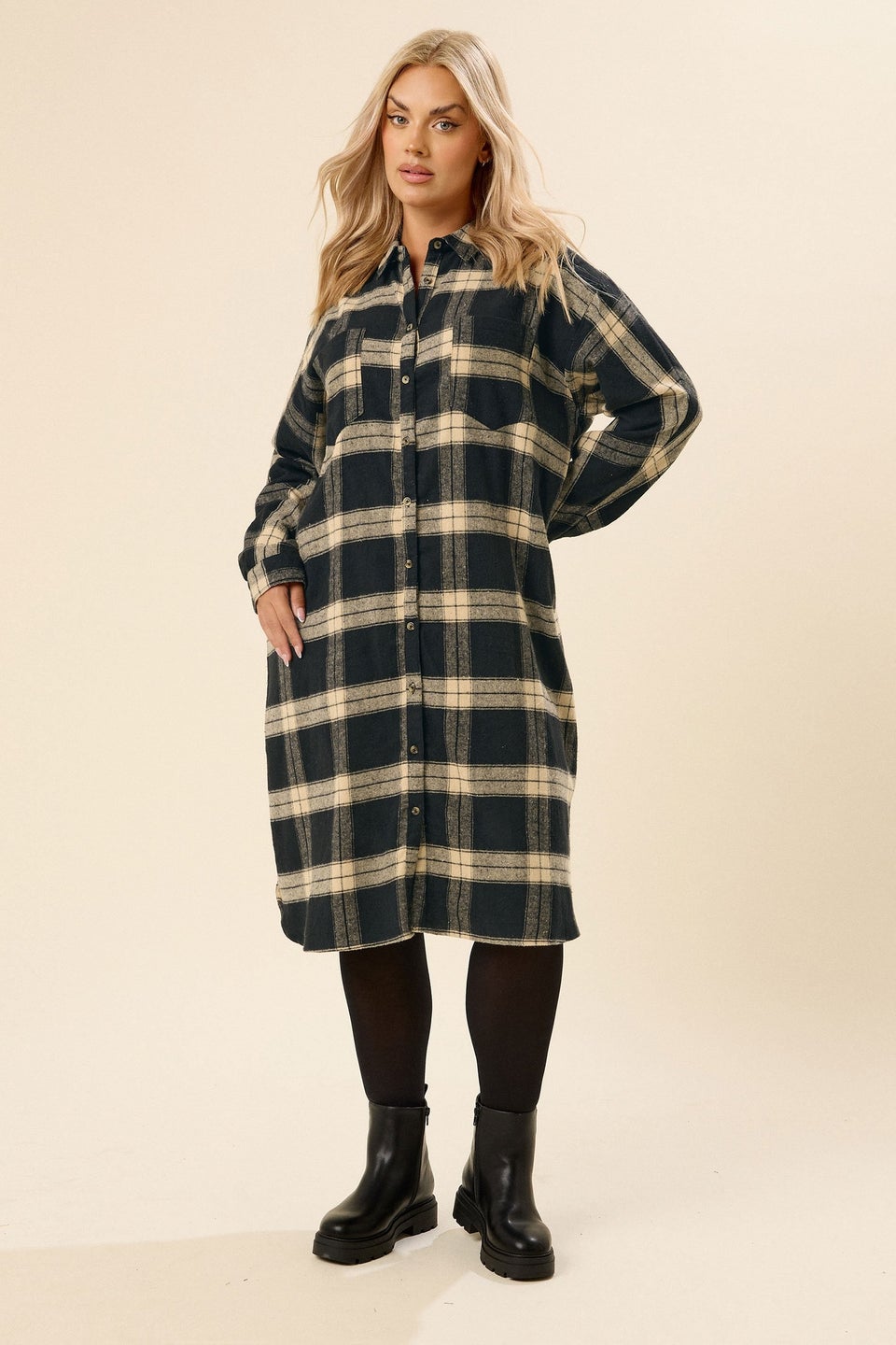 Yours Curve Black Longline Check Shirt