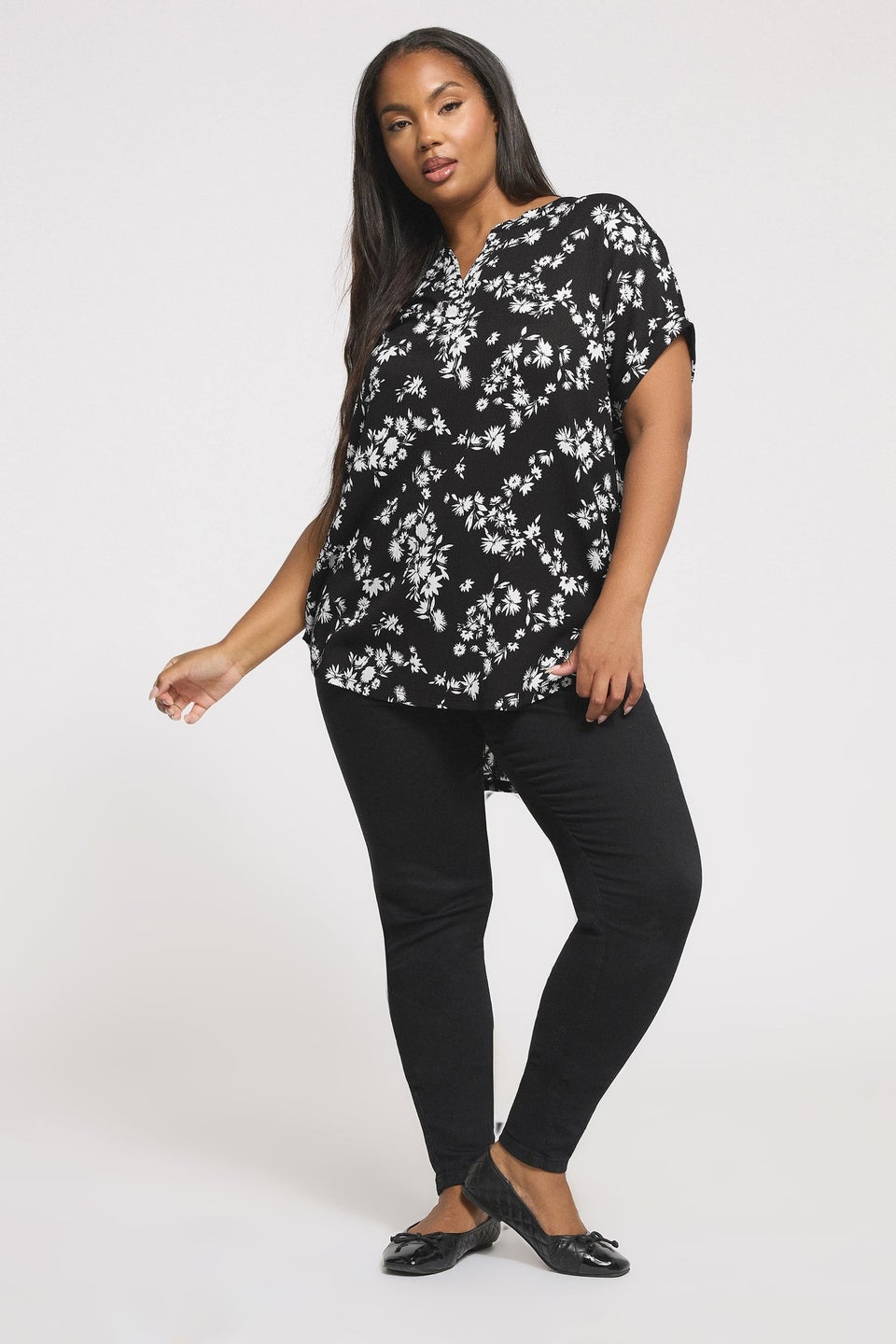 Yours Curve Black Floral Textured Notch Neck Top