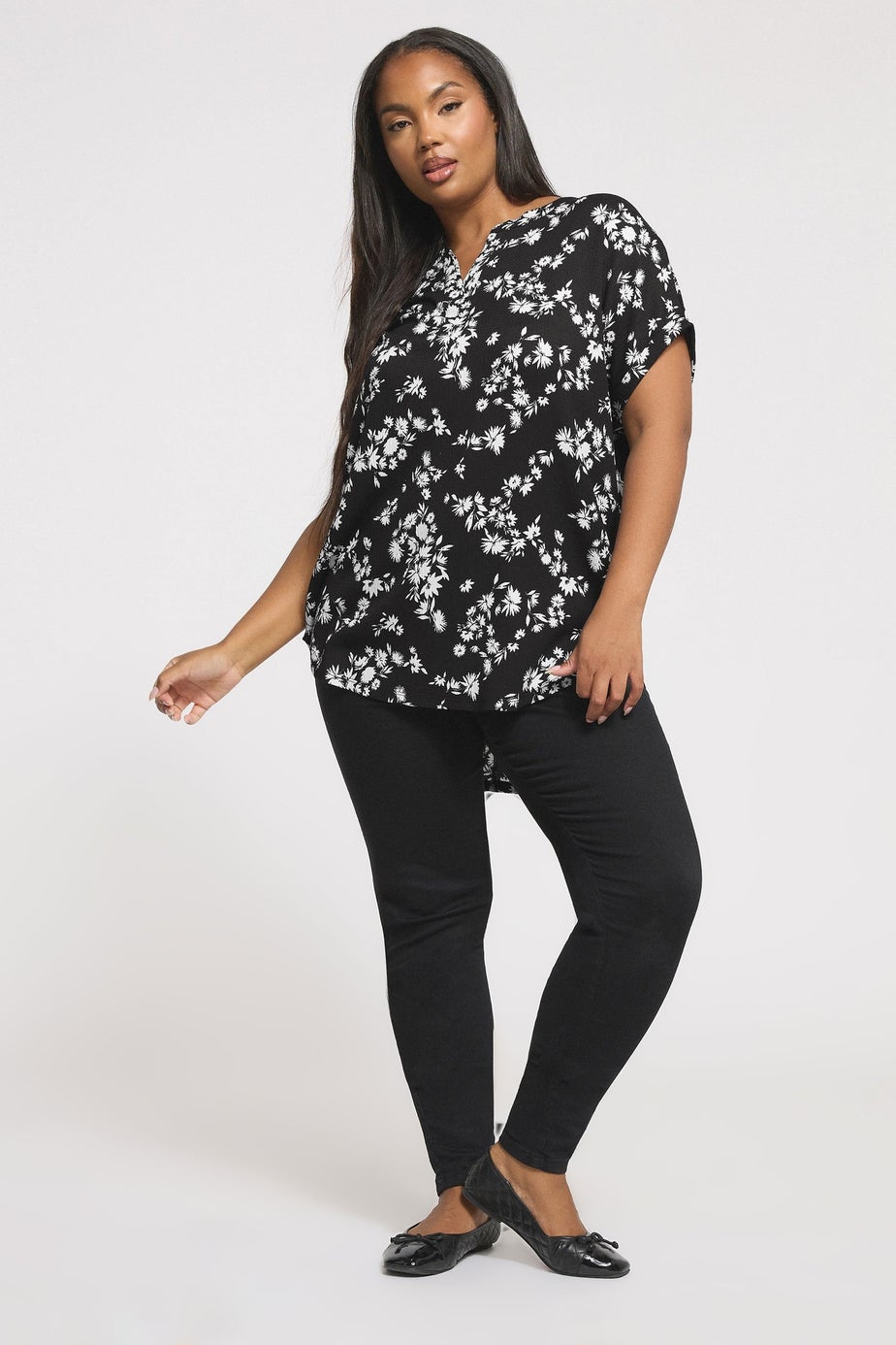 Yours Curve Black Floral Textured Notch Neck Top