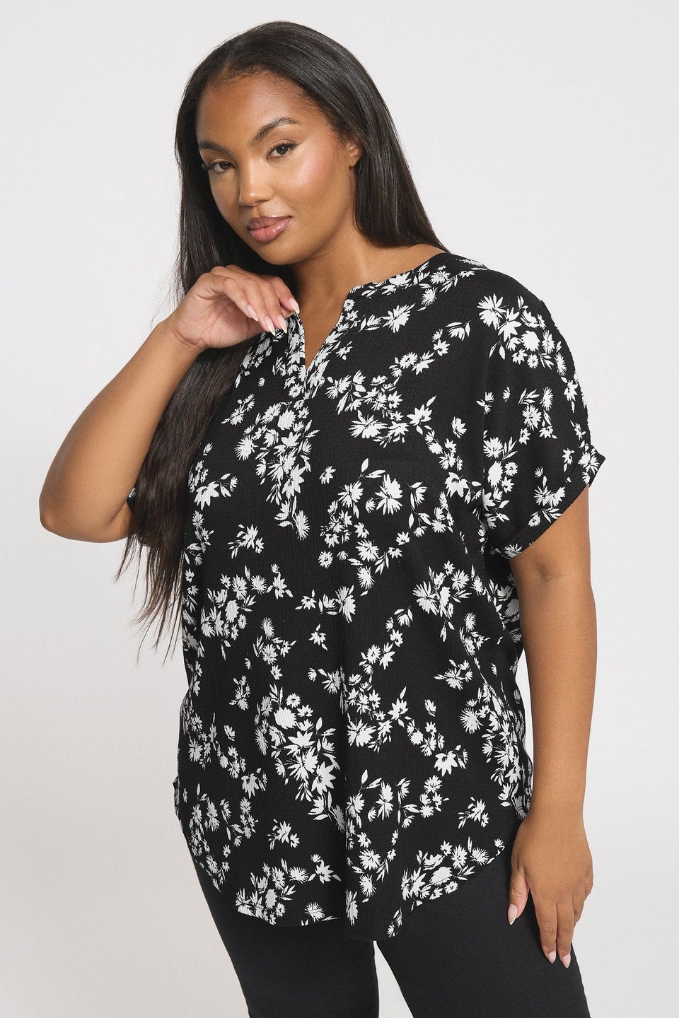 Yours Curve Black Floral Textured Notch Neck Top
