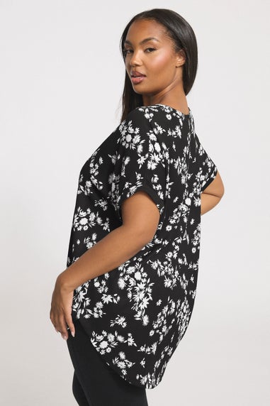 Yours Curve Black Floral Textured Notch Neck Top