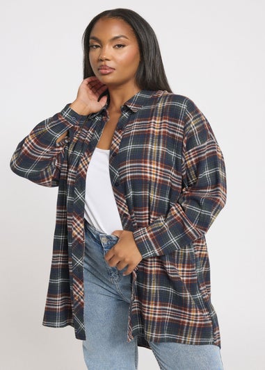Yours Curve Navy Blue Oversized Check Shirt