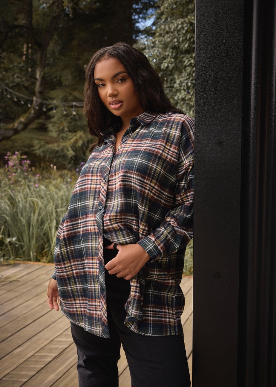 Yours Curve Navy Blue Oversized Check Shirt