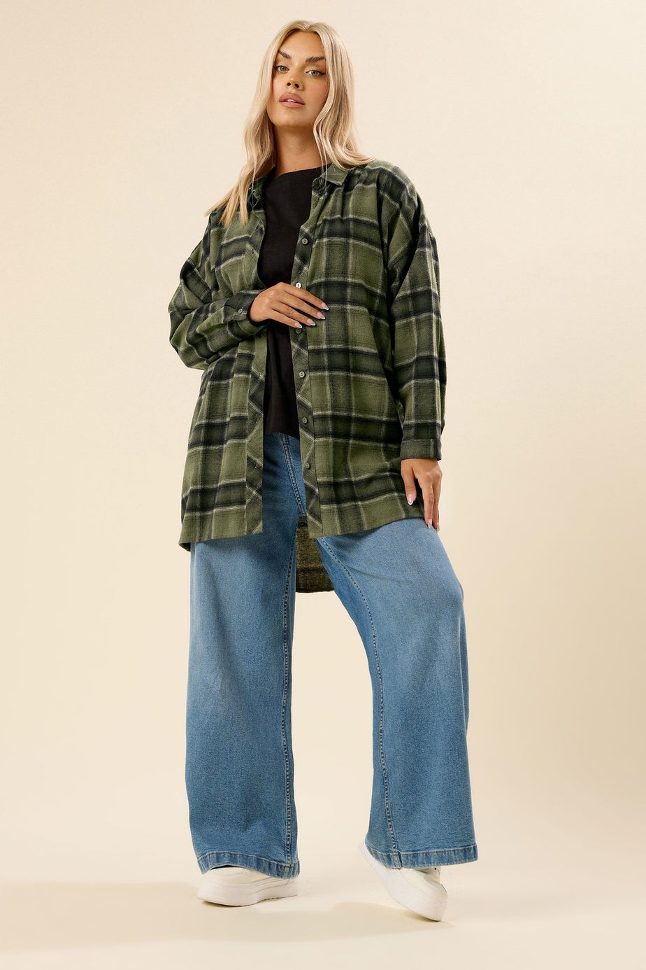 Yours Curve Khaki Green Oversized Check Shirt