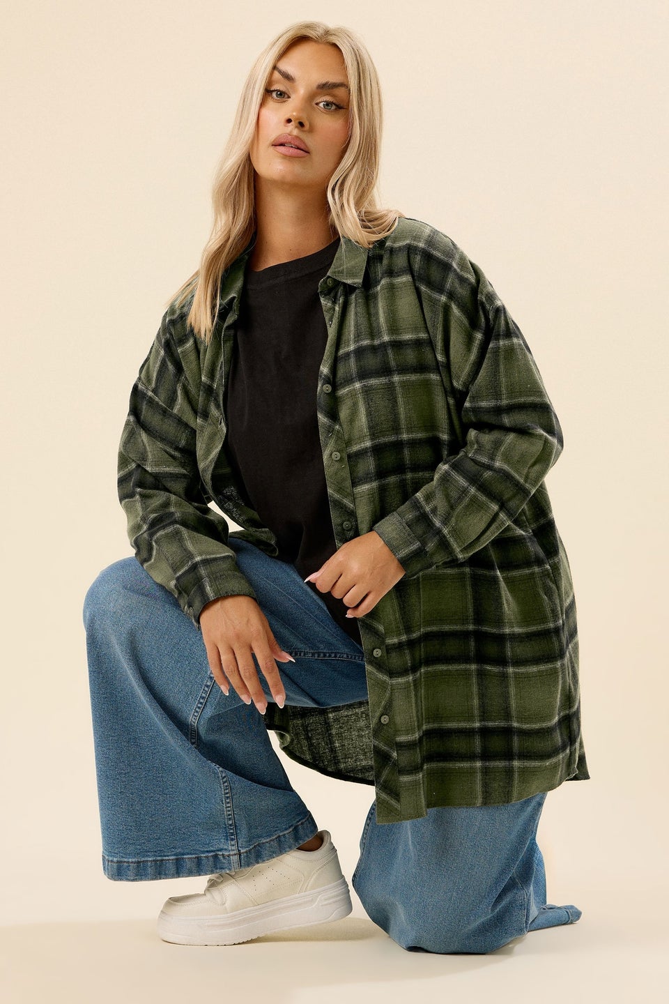 Yours Curve Khaki Green Oversized Check Shirt