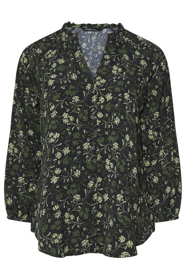 Yours Curve Green Floral Frill Neck Blouse