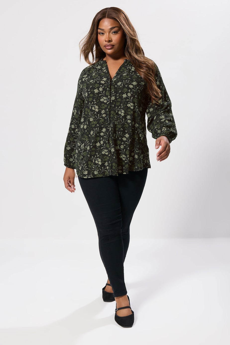 Yours Curve Green Floral Frill Neck Blouse