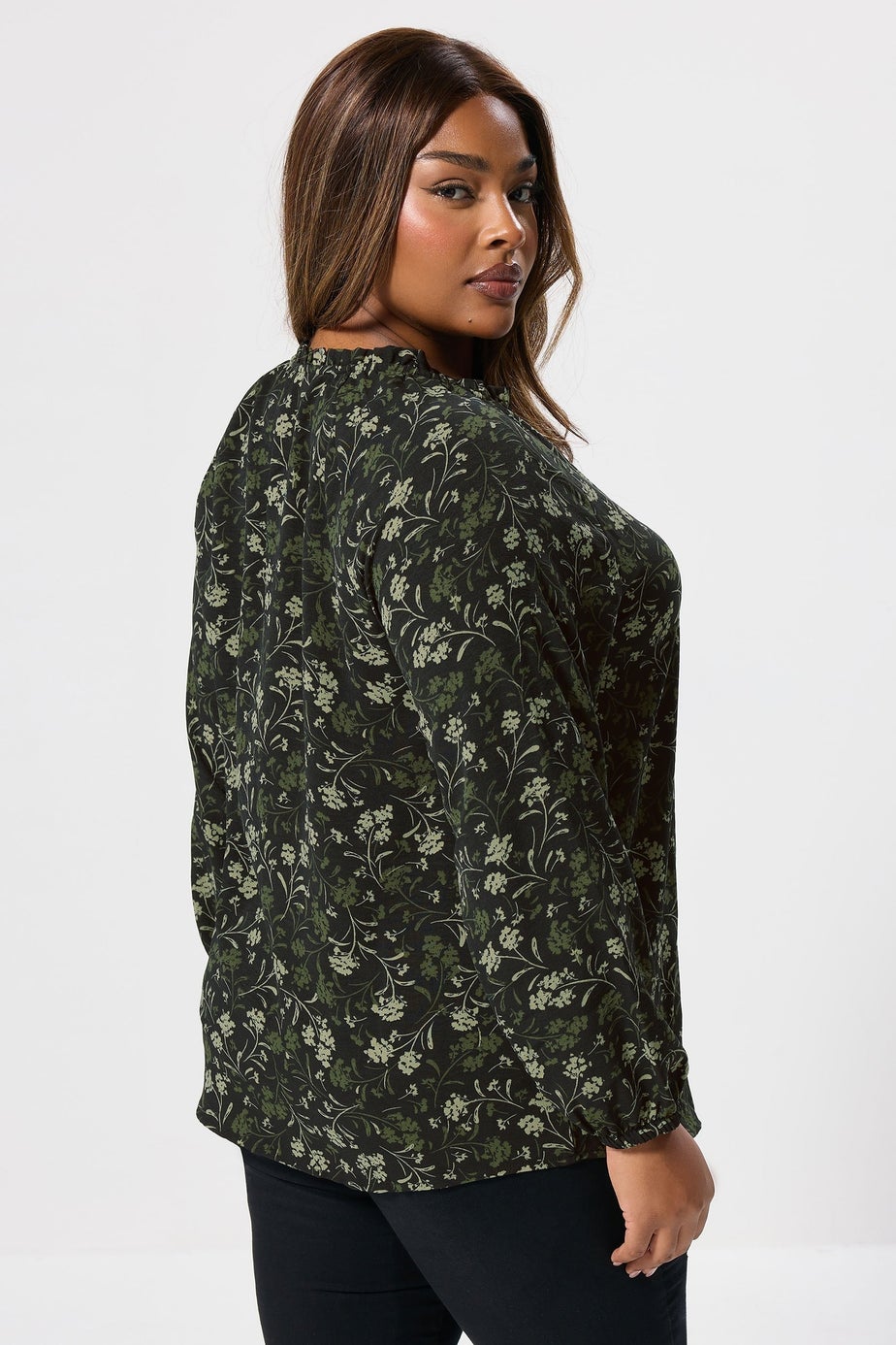 Yours Curve Green Floral Frill Neck Blouse