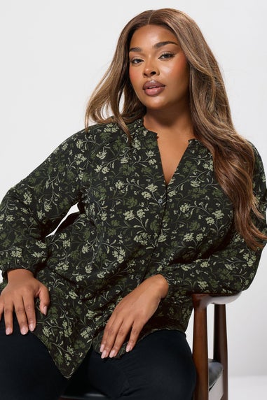 Yours Curve Green Floral Frill Neck Blouse