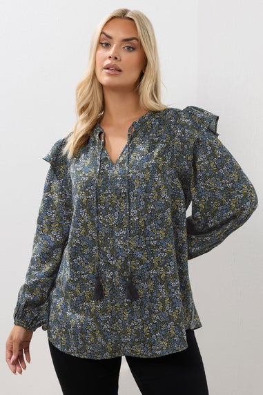 Yours Curve Blue Ditsy Floral Print Frill Top