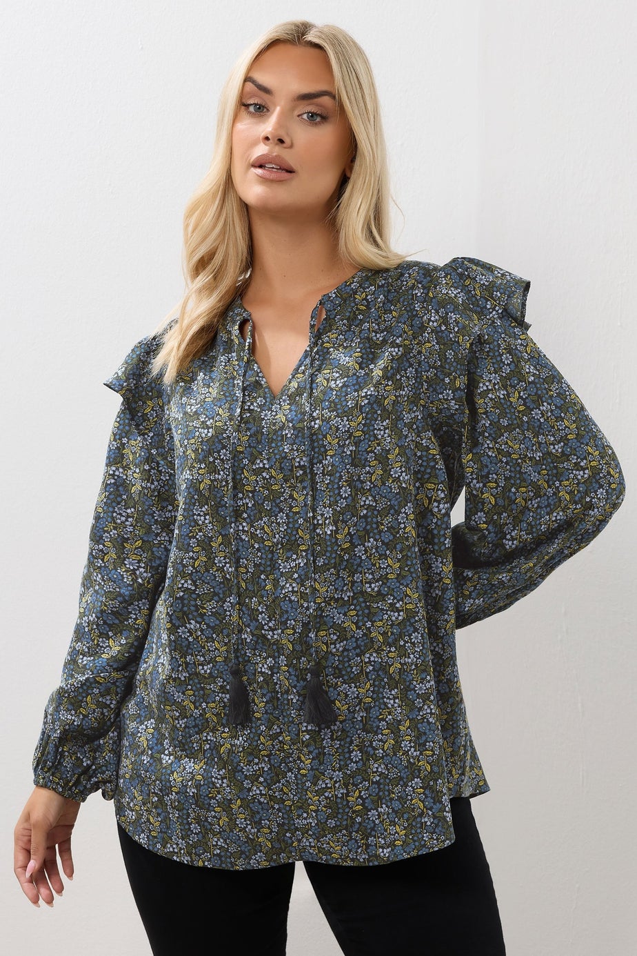 Yours Curve Blue Ditsy Floral Print Frill Top