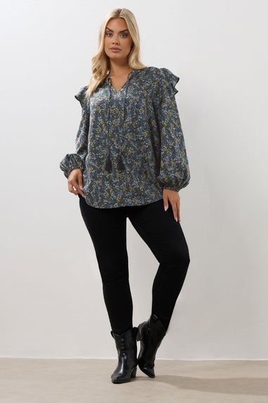 Yours Curve Blue Ditsy Floral Print Frill Top