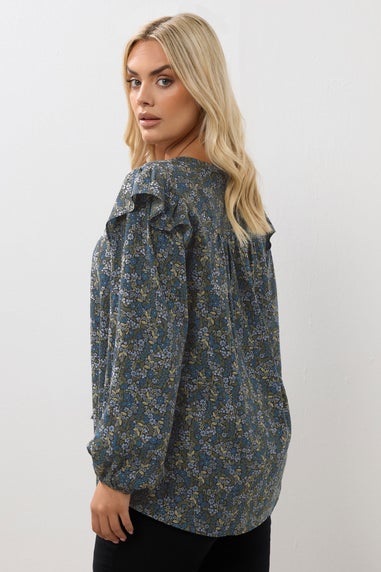 Yours Curve Blue Ditsy Floral Print Frill Top