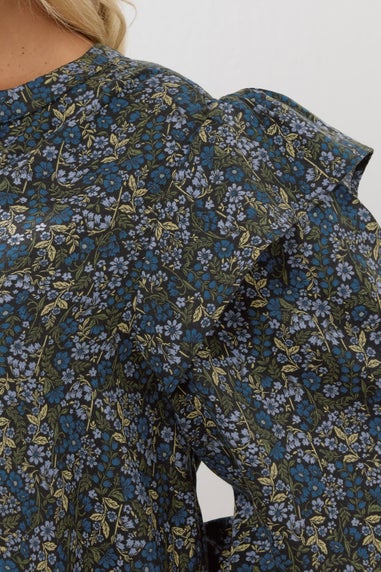Yours Curve Blue Ditsy Floral Print Frill Top