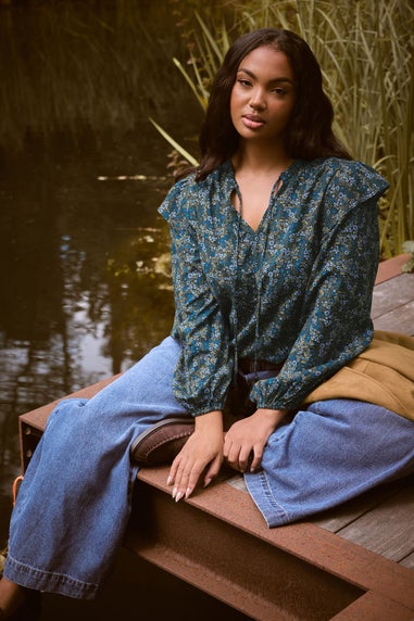 Yours Curve Blue Ditsy Floral Print Frill Top